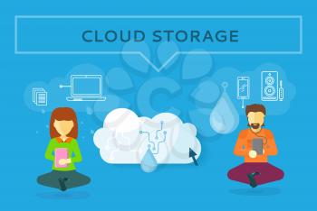 Cloud storage web banner in flat style. Information sharing and saving. Servers, users, drops, computer networks,media icons. Illustration for video presentation or corporate ad animation clip