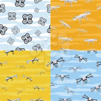 Seamless pattern drone icon flying in the sky. Unmanned aerial vehicle or aircraft system, without a human pilot aboard. Quadcopter sign symbol. Flying for aerial photography or video shooting. Vector
