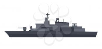 Military warship vector. Coast guard cutter with small-caliber cannon on turret flat illustration isolated on white background. Navy armored boat. For military concept, infographics, icon, web design