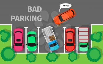 Bad parking. Car parked in inappropriate way. Driver annoying everyone. Bad car driver. Parking zone conceptual web banner. Rude disrespectful impolite driver in parking lot or car park. Vector