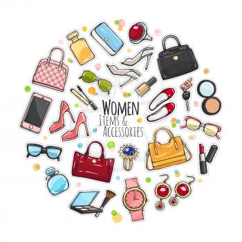 Patch of fashion accessories. Woman items and accessories. Collection of bags, shoes, high heels, sun glasses, phones, car keys, watch and cosmetics in circle on white background. Vector illustration.