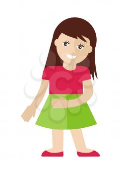 Girl character vector in flat design. Smiling cute child in casual clothes. Illustration for childhood, fashion, human concepts, app icons, logo, infographics design. Isolated on white background