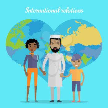 International relations vector concept. Flat design. Interracial marriages. Arab man, african woman, mulatto boy standing and holding hands on blue background with world map in shape of heart  