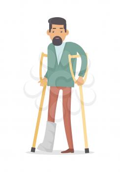 Homebody on crutches with broken leg isolated on white. Male handicapped person. Man on vacation with medical sick-leave certificate. Disable man in flat style design. Vector illustration
