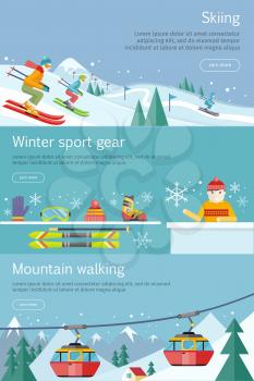 Skiing. Winter sport gear. Mountain walking banners set. Winter recreational conceptual web banners. Funicular railway, landscape, skiing equipment, skier competition. Ski lift. Vector illustration