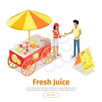 Fresh juice web banner. Street cart store on wheels with juices, seller with paper cup full of lemonade and buyer with money isometric projection vector on white background. For fast food cafe ad