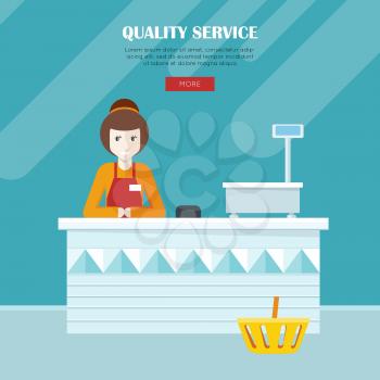 Quality service. Shop assistant sitting at the cash desk. People in supermarket interior design. Saleswomen at the counter. Mall manager near weighing-machine. Marketing, retail store. Vector