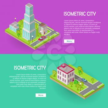 Isometric city buildingd vector web banners set. Modern architecture, skyscraper exterior, clean sustainable eco city. Home office buildings. Eco friendly environment. Residential estate cityscape.