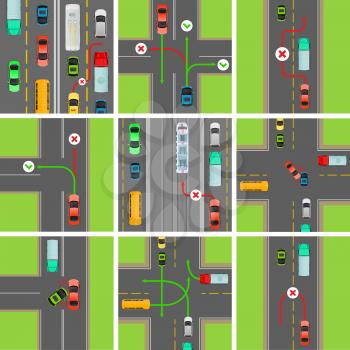 Set of situations on road. Traffic laws govern traffic and regulate vehicles. Rules of road. Car breaks traffic rules. Overtaking is forbidden or permitted. Breakdown of traffic organization. Vector