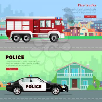 Fire truck driving on way to burning houses on background. Red six-wheeled transport in city on road. Police car near bank and robber with bag of money hiding behind tree on green background. Vector