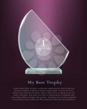 Trophy. Realistic great award. Dark violet background. Crystal. Shiny. First place. Winning. Contemporary beautiful glass prize on clean basis. Semi-oval reward. Flat design. Vector illustration
