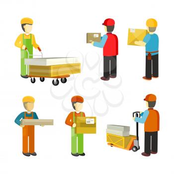 Peope in warehouse interior isoated. Delivery man, logistician, loader, carrier, shipping receiving material handler, selector, warehouse inventory support. Day or night warehouse worker. Vector