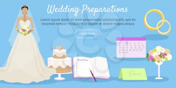 Wedding preparations web banner. Get ready for the wedding day. Preparation for the marriage ceremony. Planning everything ahead. Choosing the date, place, decoration, restaurant menu. Vector