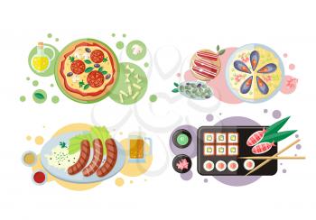 Pizza. Sushi. Sausage. Spanish cuisine. Paella. Jamon dry-cured ham. National dishes. Food banners horizontal concepts. German, Japanese, Italian Spanish cuisine famous meals Restaurants page menu