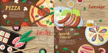 Pizza. Sushi. Sausage. Spanish cuisine. National dishes and drinks. Food web banners horizontal concepts. German, Japanese, Italian, Spanish cuisine famous meals. For restaurants page restaurant menu