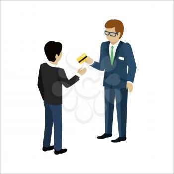 Credit service vector concept in isometric projection. Customer received credit card from bank employee. Illustration for business, finance companies ad, apps design, icons, infographics.  