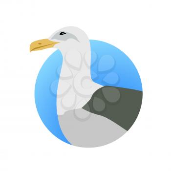 Gull vector. Sea bird wildlife in flat style design. Illustration for prints, vacation advertising, childrens books illustrating. Beautiful Seagull bird seating isolated on white.