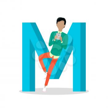 M letter and boy leans and chats on smartphone isolated. Social network. Alphabet with cartoon pictures of people using modern computer technologies for communication. Flat design. ABC vector