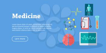 Medicine science banner. Medical flasks and bottles, medicinal substances, preparations, devices, equipment elements. Scientific treatment concept. Health care. Vector illustration in flat style