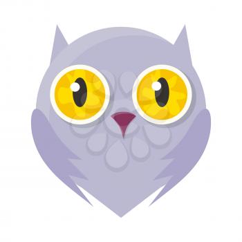 Owl mask isolated on white. Bird of Minerva or flying cat. Cartoon character face to celebrate happy events at kindergarten, birthday, holiday festival. Sticker for toddler. Vector in flat style