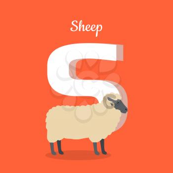 Animal alphabet vector concept. Flat style. Zoo ABC with domestic animal. Sheep standing on red background, letter S behind. Educational glossary. For children s books, textbooks illustrating