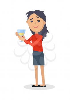 Drunk woman in rumpled clothes, with messy hairstyle holding glass of wine flat style vector isolated on white background. Drinking alcohol. Hangover after party. For healthy lifestyle concepts design