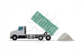 Heavy construction tipper icon. Dumper truck with raised container pours sand flat vector illustration isolated on white background. Transportation of building materials For cargo companies ad
