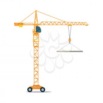 Industrial yellow crane operating and lifting generator. Modern truck crane with an upper cabin and on wheels elevating heavy glass element. White background. Flat design. Vector illustration.