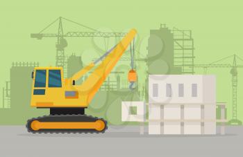 Building crane on building area. Caterpillar crane vector banner. City building concept in flat design. Construction machines. Transport and moving materials, earthworks illustration for advertise.