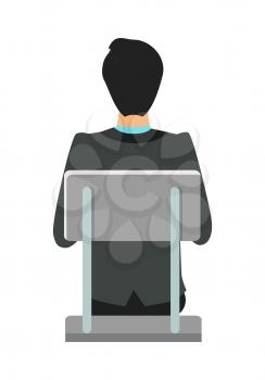 Back view of businessman in black business suit sitting on gray chair. Business people series. Isolated object in flat design on white background. Vector illustration.