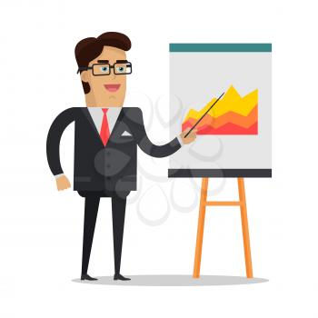 Presentation concept vector. Flat design. Smiling businessman shows pointer on the flip chart with graphs. Speaker at science, academic, trade, business conference. Analysis of financial indicators