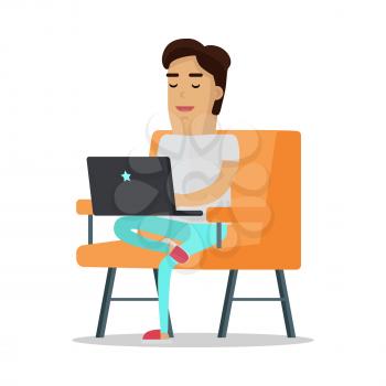 Man in white shirt and blue pants sitting on orange sofa and working with laptop. Work at home, freelance, online communication, home relaxation. Vector illustration in flat design.