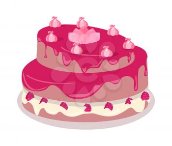 Delicious cake. Festive cake web banner. Chocolate cake bakery isolated design flat. Birthday cake, dessert and cookies, sweet confectionery, delicious cream, tasty pastry cake. Vector illustration