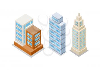 Set of modern apartment buildings. Architecture apartment icon, building residential, business multistory building, office building. Isolated object on white background. Vector illustration.