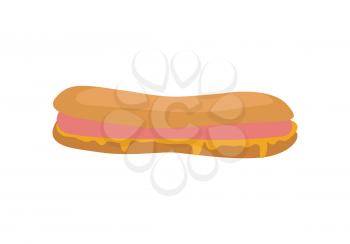 Hot dog isolated on white. Sandwich with sausage and mustard. Junk unhealthy food. Consumption of high calories nourishment fast food. Part of series of promotion healthy diet and good fit. Vector