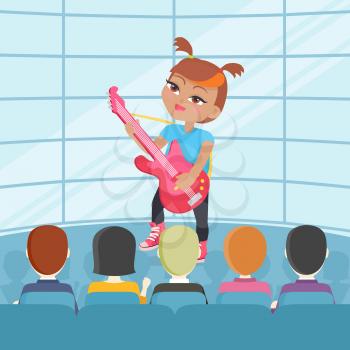 Girl playing on guitar isolated on stage. Adorable little girl has leisure time. Young singer at music lesson. Toddler on stage play on musical instrument in flat style. Daily activity. Vector