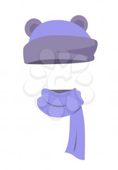 Hat. Funny violet hat with dark small ears and long silk soft scarf. Violet scarf twisted on the right. White background. Headgears for kids. Winter clothing. Flat design. Vector illustration