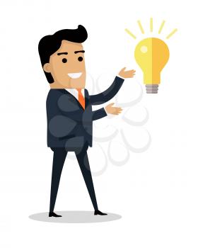 Man with bulb lamp isolated. Happy boy find solution for problem. Successful idea banner. Satisfied male with results brainstorm isolated on white. Handsome man solved trouble. Vector illustration
