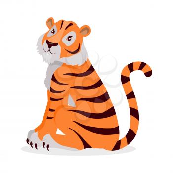 Tiger Panthera tigris cartoon isolated on white. Largest cat tiger species, most recognisable for pattern of dark vertical stripes reddish-orange fur with lighter underside. Sticker tiger for children