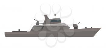 Military warship vector. Coast guard cutter with small-caliber cannon on turret flat illustration isolated on white background. Navy armored boat. For military concept, infographics, icon, web design