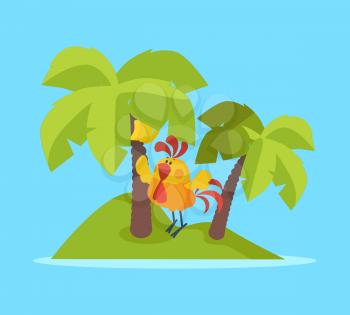 Rooster bird on tropic island. Cock at rest. Palm trees, sea and ocean. Holidays in hot countries. Chinese calendar zodiac cock horoscope. Chicken character collection in flat. Vector illustration