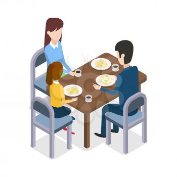 At restaurant. Family of three members gathered together are sitting around the dining table. Process of food consuming. Three glasses and plates with meal on wooden table. Flat design. Vector