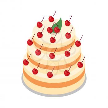 Big cake in three tiers on round plate isolated on white illustration. Light cake decorated with many red cherries. Simple cartoon style. Baked dessert with whipped white cream. Flat design. Vector