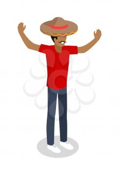 Shop seller in big sombrero hat isolated. Street food vendor. Mexican food salesman. Food restaurant worker. Human market seller. Shop worker, chief face. Delivery man icon. Vector illustration