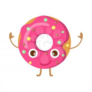 Doughnut with pink sprinkles isolated on white. Funny happy cartoon character. Colourful small balls. Huge tasty donut with big round hole inside. Children menu. Flat design. Vector illustration