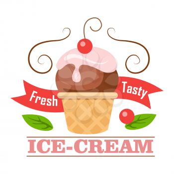 Fresh tasty ice-cream. Ball of ice cream in cone with one cherry. Crispy brown round waffle cup. Chocolate ice with pink flowering topping. Tasty confectionery. Cartoon design. Vector illustration