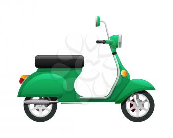 Transport. Illustration of isolated green scooter. Fast mean of transportation with one headlight in front of it. Silver discus in black tire. Two-wheeled motorbike in simple cartoon design. Vector