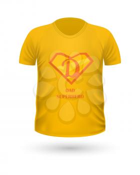 Dad superhero T-shirt front view isolated. Orange t-shirt. Realistic t-shirt vector in flat. Fathers day celebration concept. Casual men wear. Cotton t-shirt unisex polo outfit. Fashionable apparel.