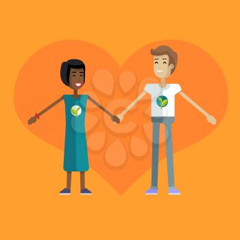 Smiling man and woman with branch and leaves emblem on clothes, standing and holding hands. Ecologist, environmentalist, nature protection activist or volunteer illustration. Flat design. Earth day.