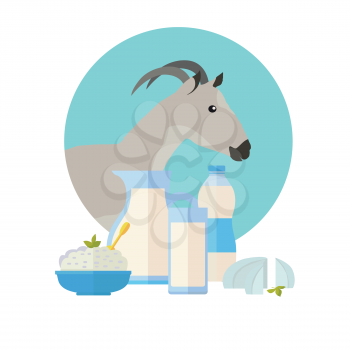 Goat icon with milk products. Goat breeding. Dairy set milk in jug, sour cream, cottage cheese, butter and cream. Cheese making logo design. Agricultural farming concept. Vector illustration